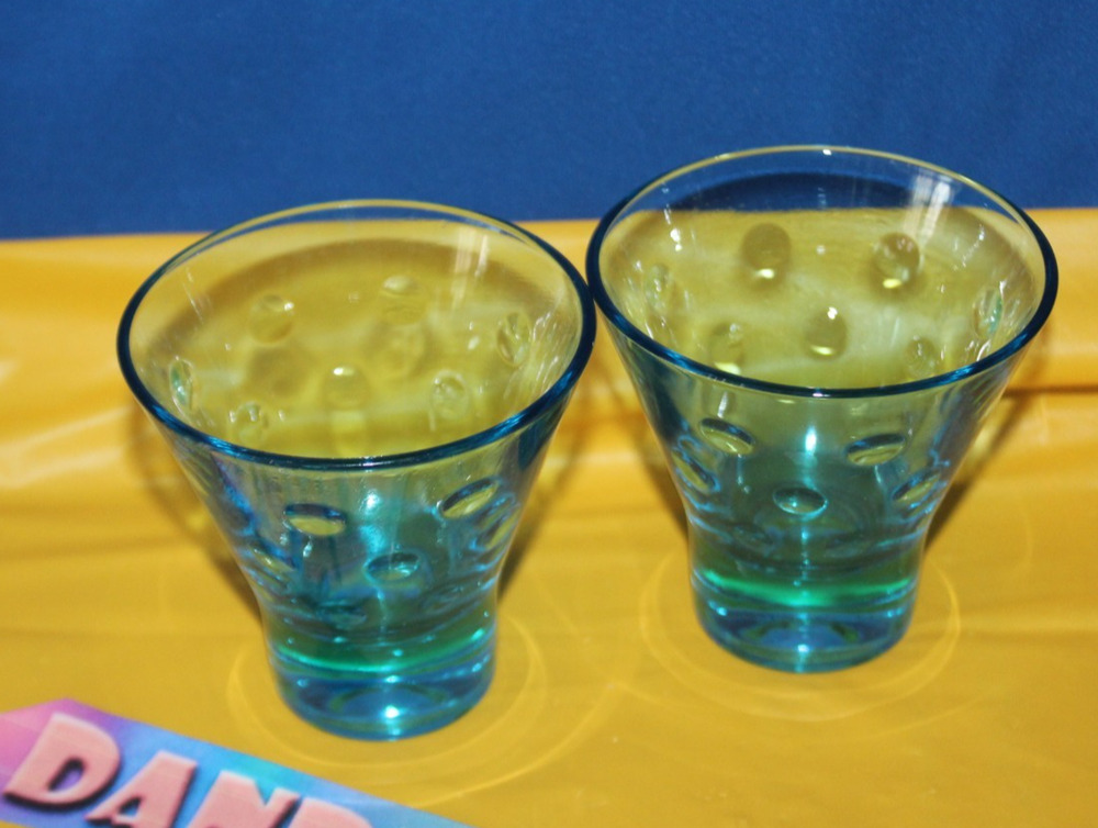 Hazel Atlas Pair Of Blue Green Aqua Dot Pattern Vintage Retro Whiskey Glasses